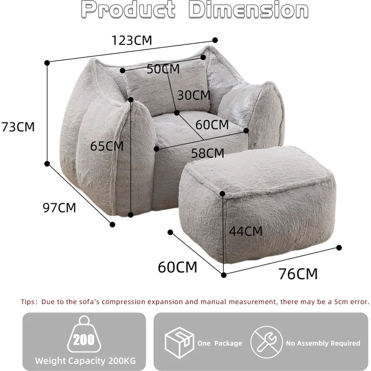 Riesiger Sitzsack für Erwachsene und Kinder, Sitzsack-Sofa mit Kunstfellbezug, Kissen und Hocker, bequemes Lese- und Spielsofa für Schlaf- und Wohnzimmer, Grau--Grau--123x157x73cm--YOUDENOVA – Bild 3