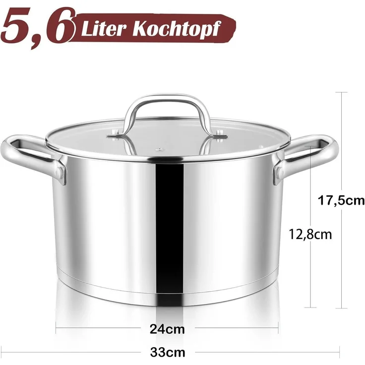 Kochtopf 24cm Edelstahl Suppentopf Glasdeckel Induktion 5,6 L Fleischtopf – Bild 2