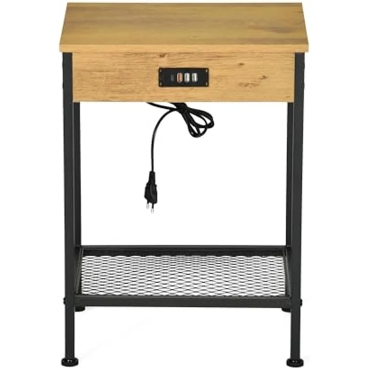 MEUBLE COSY Nachttisch 2er Set mit Ladestation Beistelltische 4 USB-Anschlüssen Couchtisch Klein Sofatisch mit Ablageboden für Wohnzimmer Schlafzimmer, Industrie, Metallgestell, Hellbraun, 38 x 28 x 52 cm – Bild 4