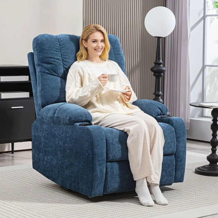 Wohnora-Relaxsessel mit Fußstütze, Liegesessel, drehbar, bis 150 kg, Stahlrahmen, 88x96x108cm, Dunkelblau,H 1080cm x T 880cm x B 960cm,Blau – Bild 2