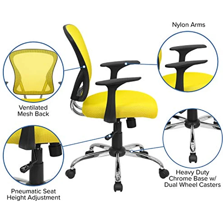 Flash Furniture Alfred Bürostuhl mit mittelhoher Rückenlehne, Netzstoff, drehbar, mit Chromfuß und Armlehnen, Gelb – Bild 5