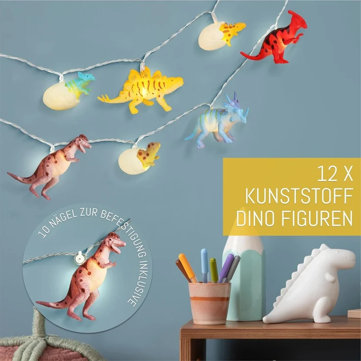 COZY HOME LED-Lichterkette Dino Lichterkette Batterie und Stecker -, 12 LED Figures I Warmweißes LED-Licht I Dino Design I EU-Konformität – Bild 2