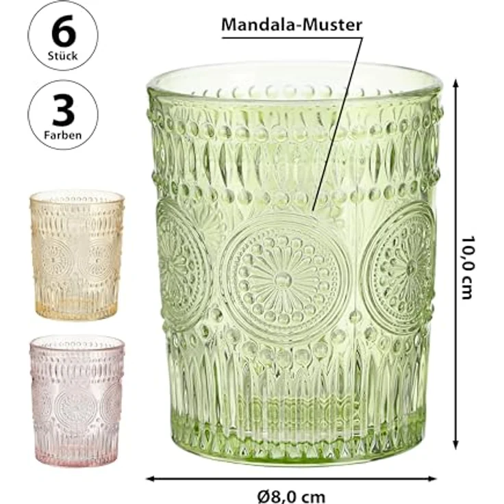 CEPEWA Glas Trinkglas 6er Set 'Mandala' Ø8x10cm 300ml Glas rosa grün orange – Bild 2