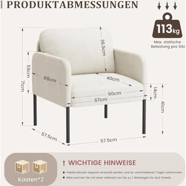COLAMY Gepolsterter Ohrensessel 2er Set aus Samt – Moderner Lounge-Sessel mit weicher Rückenlehne, Komfortabler Sessel für Wohnzimmer, Schlafzimmer, Apartment & Leseecke, Beige – Bild 3