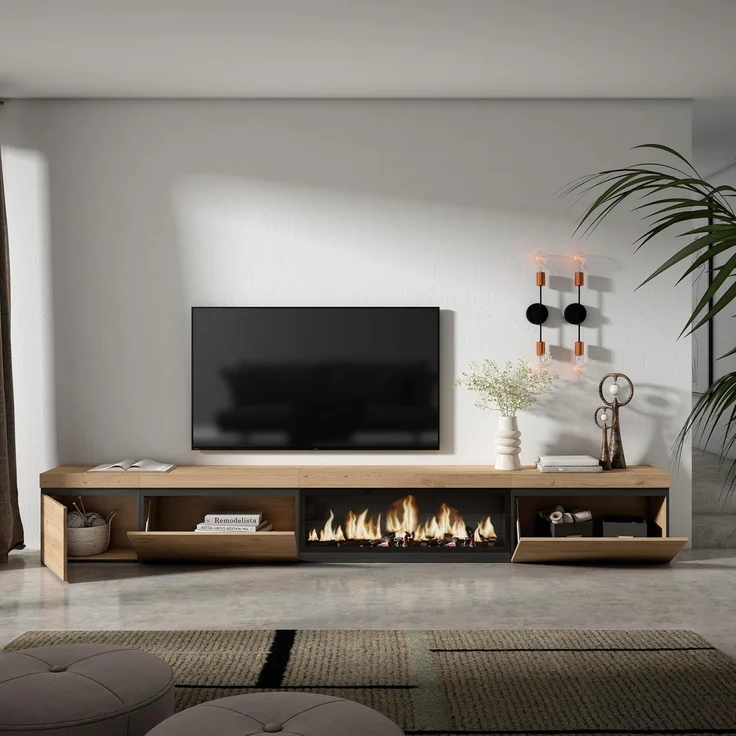 Skraut Home | TV-Schrank, Lowboard | für Wohnzimmer und Esszimmer | 317 x 45 x 35 cm | Elektrokamin XXL | Moderner Stil | Eiche – Bild 4