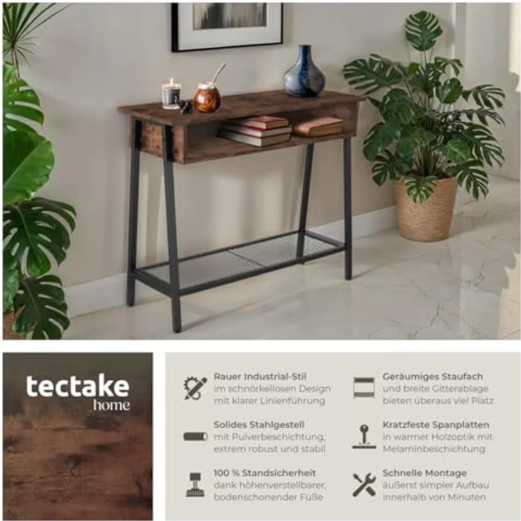 tectake Konsolentisch Beistelltisch Tralee 100x35x80,5cm (1-St, 1 tlg), Schmaler Konsolentisch im puristischen Factory-Chic – Bild 5