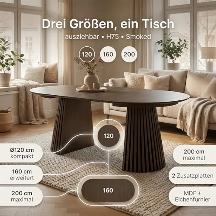 ebuy24 Esstisch Tokyo Esstisch inkl. 2 Zusatzplatten ø120x120-160- – Bild 4