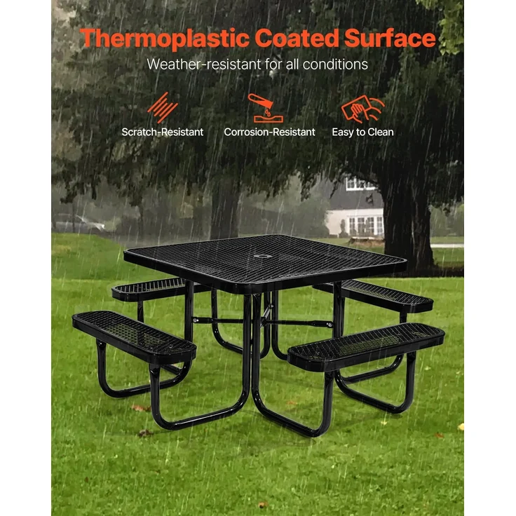 VEVOR Picknicktisch (quadratisch) mit 4 Bänken Sitzgarnitur, wetterfestes Gartenmöbel-Set für Terrasse, beschichtete Stahltische mit Loch für Schirm, Gartengarnitur für Hinterhof Veranda (schwarz) – Bild 7