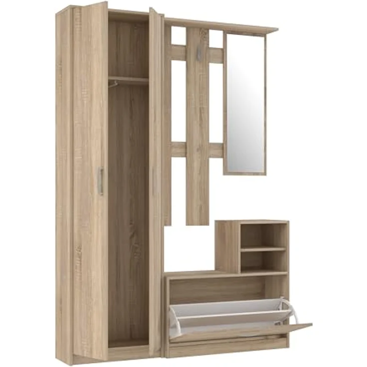 Forte NIKO Garderobenschrank 130 140, Skandi-Mehrzweckschrank, 2-türig, 1 Schublade, Spiegel, Haken, Flur, Sonoma Eiche Holzdekor, 135 cm breit x 190,8 cm hoch x 28 cm tief – Bild 7