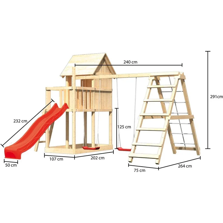Karibu Kinderspielhaus Frieda Set Aktion2 naturbelassen mit Anbau, Doppelschaukel, Klettergerüst und Rutsche rot – Bild 7