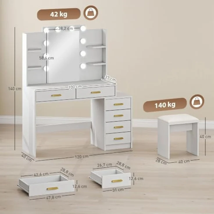 HOMCOM Schminktisch LED-Beleuchtung, 3 einstellbare Lichtfarben, Hocker, Glühbirnen (Frisiertisch, 2-St, Kosmetiktisch), mit Spiegel, 6 Schubladen, 4 offenen Ablagen – Bild 3