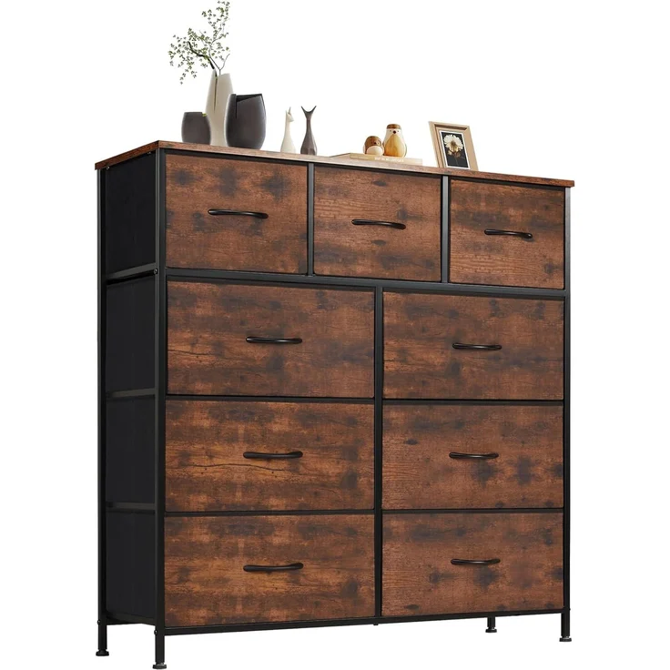 Sweetcrispy Kommode,Sideboard Wohnzimmer für Schlafzimmer mit 9 Stoffschubladen,Einstellbare Füße Schubladenschrank,Komodenschrank für Schlafzimmer,Modernes Braun – Bild 1