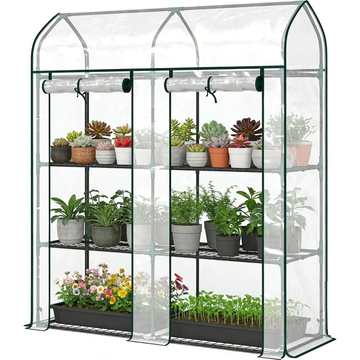 MELAYR, Kleines Gewächshaus mit 3 Etagen, 2 Rolltüren, Stahlrahmen, Kunststoffabdeckung, 143 x 46 x 165 cm, Transparent – Bild 2