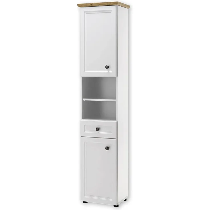 TOSKANA Badezimmer Hochschrank in Artisan Eiche Optik, Weiß - Landhausstil Badezimmerschrank mit viel Stauraum - 41 x 191 x 32 cm (B/H/T)
