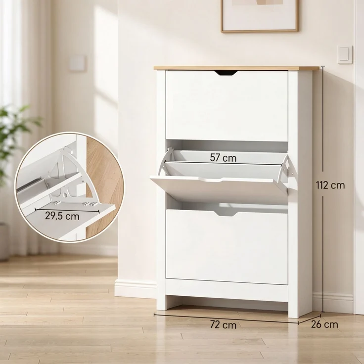 ZUBALIYA Schuhschrank (72 x 26 x 112 cm), 3 Klappfächer, Herausnehmbare Einlegeböden, Stauraum für Flur und Eingangsbereich, Naturfarben / Weiß – Bild 4
