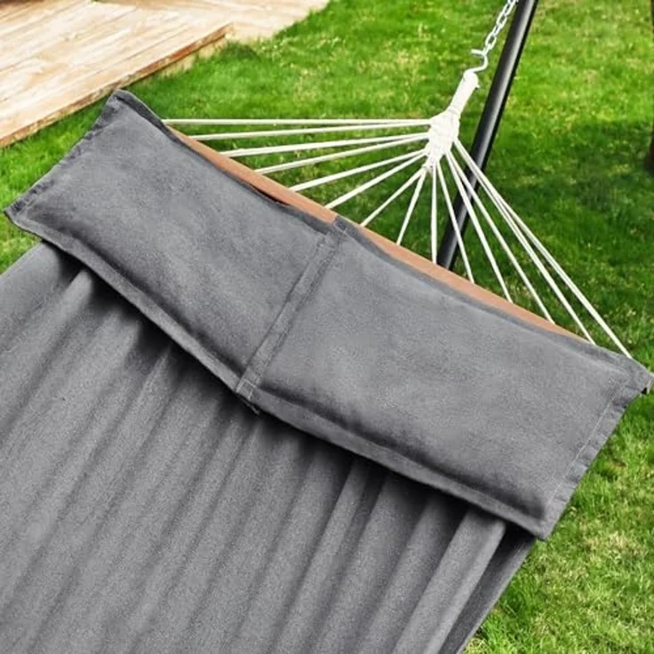 Songmics Hängematte, Outdoor, mit 2 Holzstangen, mit 2 Kissen, bis zu 300 kg belastbar, Mischgewebe, grau, 210 x 150 cm – Bild 6