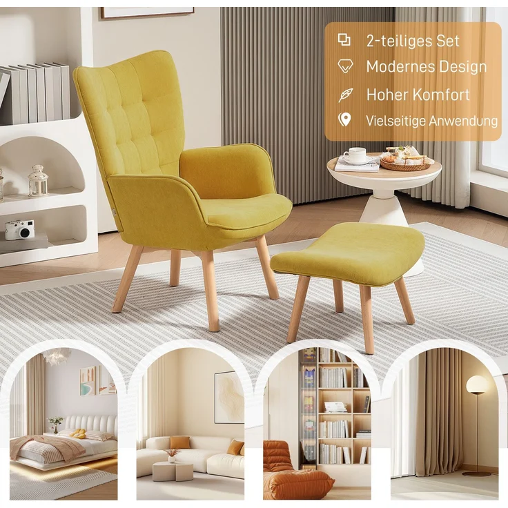 Akzentsessel mit Hocker, Relaxsessel in Cord-Optik, Armlehnstuhl mit Holzbeinen, für Wohnzimmer, Orange--Orange--72x80x101cm--YOUDENOVA – Bild 8