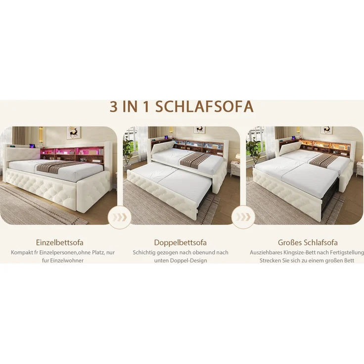 ZUBALIYA Tagesbett, mit Stauraum, mit LED-Beleuchtung, mit USB-C-Anschluss, inklusive Lattenrost, mit Schlaffunktion, Liegefläche 90 × 190 cm, H 84 × T 211 × B 181 cm, Beige, Samt – Bild 10