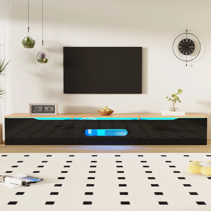TV-Lowboard MDF/Spanplatte mit LED & Soft-Close, 180x35x30 cm, Schwarz/Holzfarben