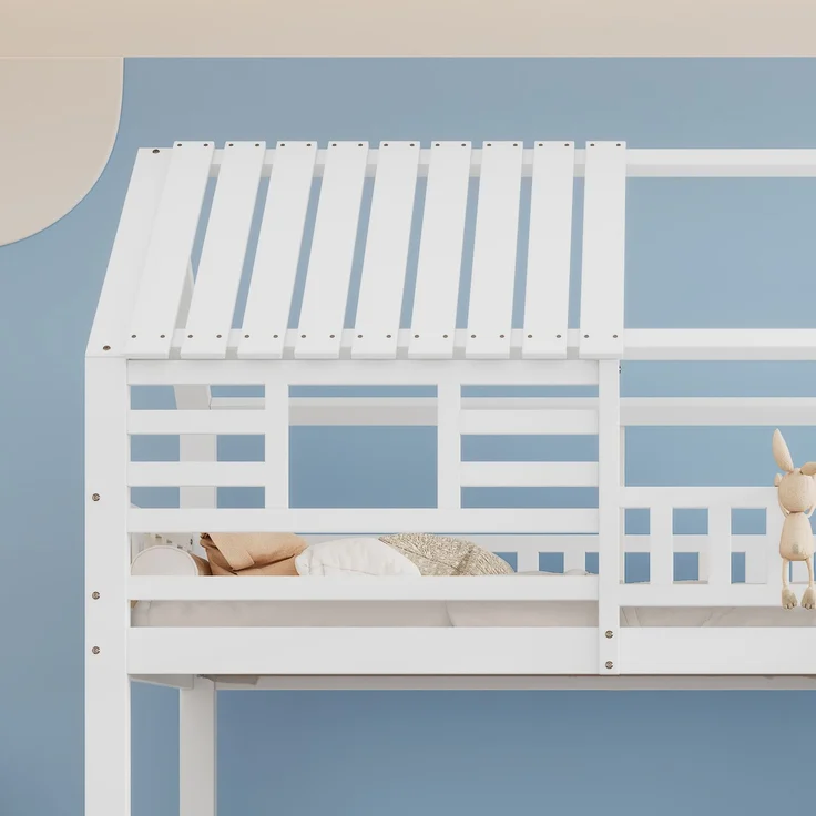 Etagenbett Hausbett 90x200 mit Treppe Stauraum Rutsche Schubladen Kinderbett Hochbett Spielbett Kiefernholz Weiß – Bild 7