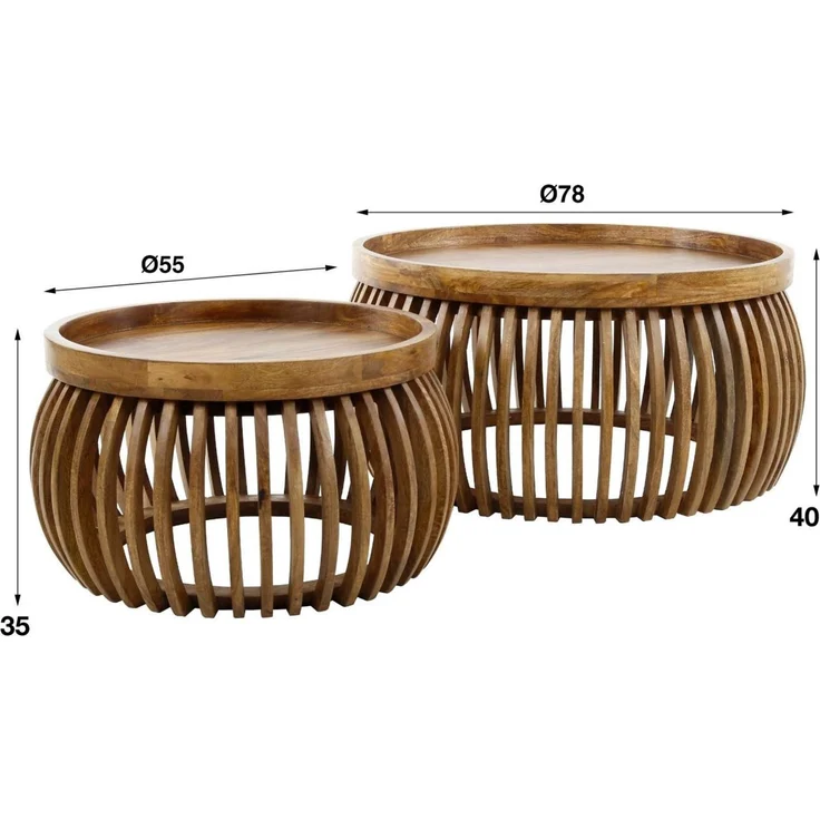 Couchtisch 2er-Set Mangoholz massiv, modernes Lamellen Design, rund in Braun, montiert geliefert – Bild 7