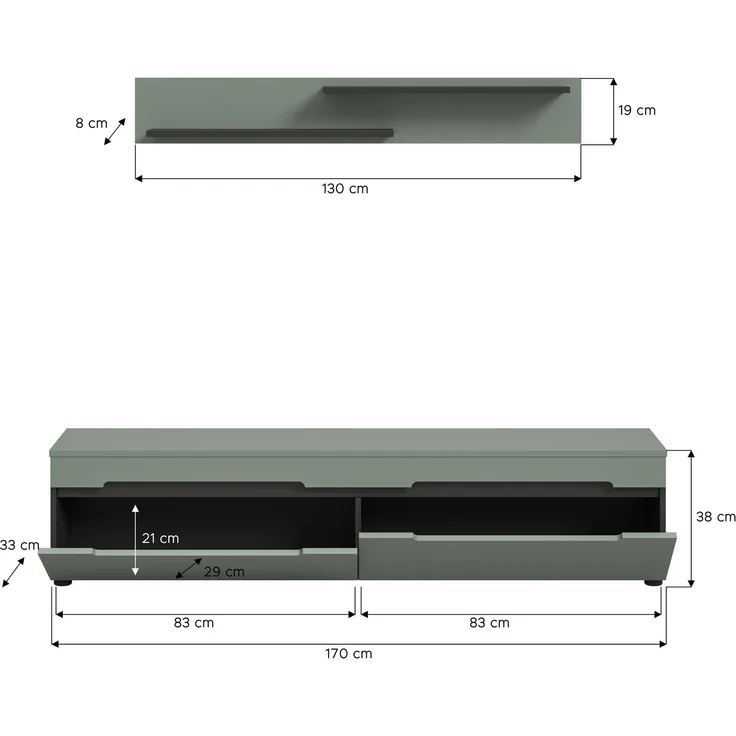 TV Lowboard inkl. Wandboard (B/H/T: 170x38x33 cm) in Smoke Green Nachbildung – Bild 4
