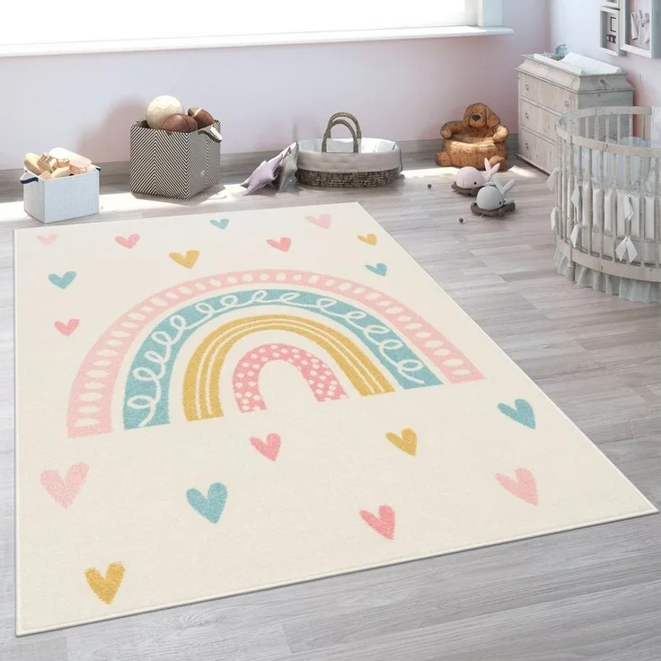 Paco Home Kinderteppich Nino 887, rechteckig, Höhe: 13 mm, Kurzflor, Spielteppich, Motiv Regenbogen & Herzen, Kinderzimmer