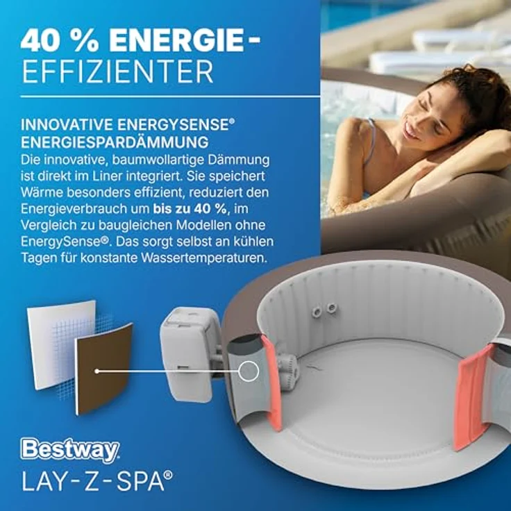 Bestway Lay-Z-SPA Whirlpool Dominica HydroJet, Ø 196 x 71 cm, 6 Personen, Heizung, Frostwächter, 4 HydroJet-Düsen, 140 AirJet-Düsen, App-Steuerung, Thermo-Abdeckung, Energieeffizient, Urbanbraun – Bild 6