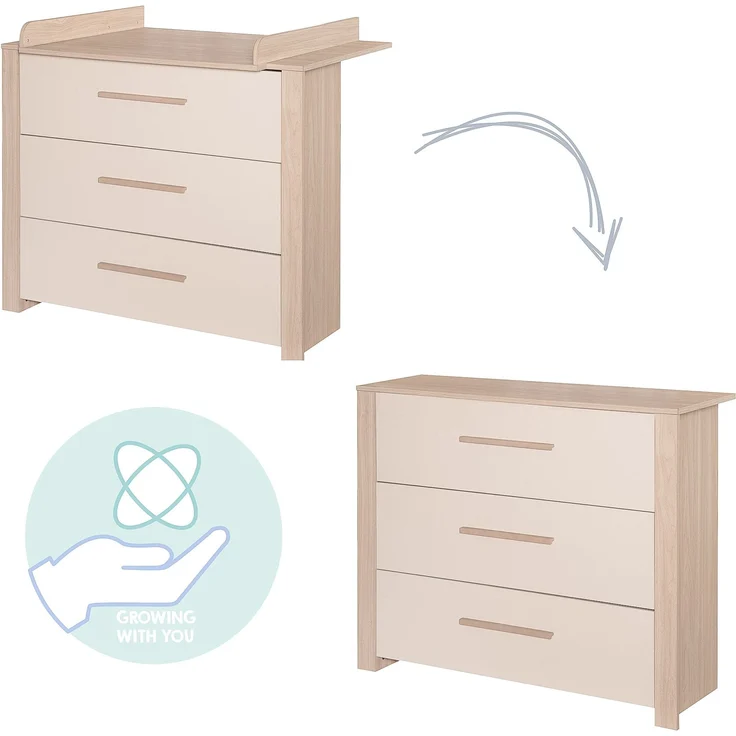roba Babymöbel Set 2-teilig Momo - Kinderbett 70 x 140 cm umbaubar + Wickelkommode mit 3 Schubladen - Griffe aus Massivholz- Cashmere/ Tristan Eiche – Bild 11