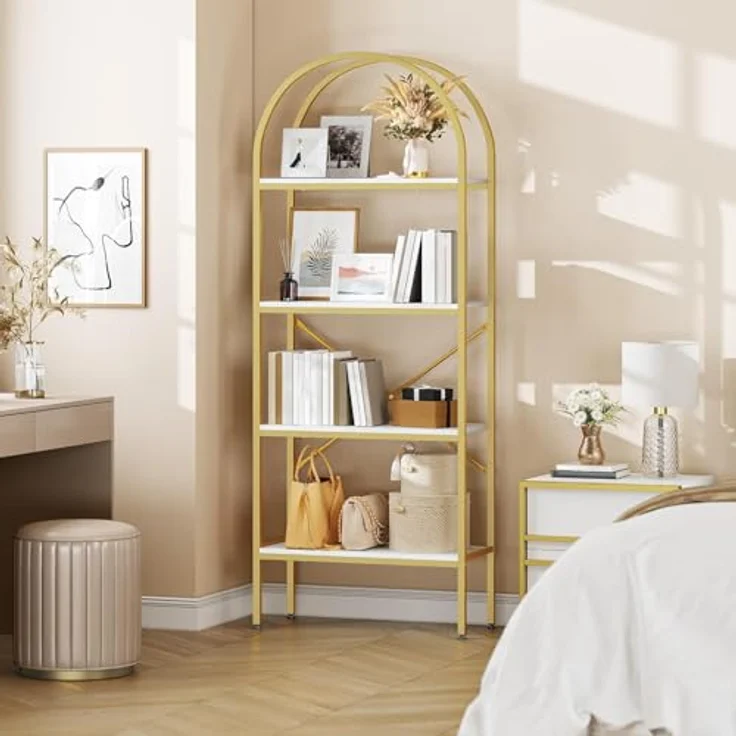 YITAHOME 4-stöckiges Bogenregal, Kuppelregal, freistehendes Aufbewahrungsregal für Wohnzimmer, Schlafzimmer, Arbeitszimmer, Weiß & Gold, 60 x 30 x 181,4 cm – Bild 10