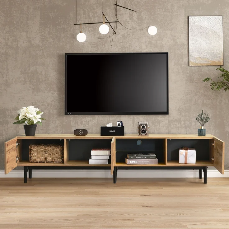 Moderner TV-Schrank aus MDF mit Holzmaserung, 175 x 31 x 41 cm, variable LED-Leuchten in 7 Farben, 175x31x41cm, Helle Eiche – Bild 6