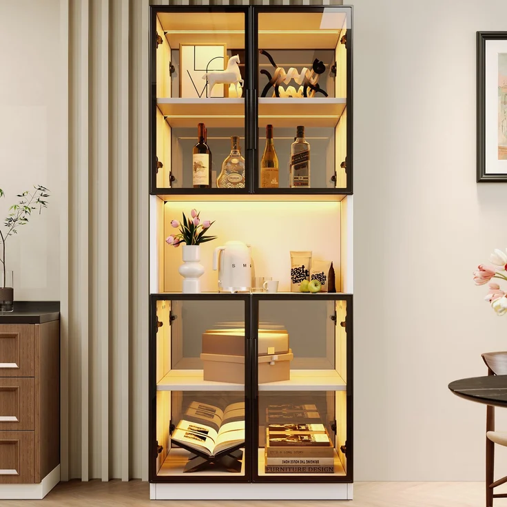 Vitrinenschrank 2er-Set, 140 x 30 x 170 cm, Glasvitrine mit LED-Beleuchtung und Spiegelrückwand, Vitrinenschrank mit grauen ESG-Glastüren, Hochschrank für Wohnzimmer, Esszimmer, Küche und Büro--Weiß--140x30x170cm--YOUDENOVA – Bild 2