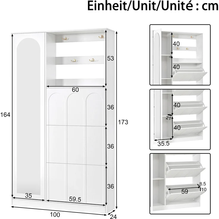 Flieks Garderobenschrank 100 x 24 x 164 cm mit Spiegel, 3 Schuhklappen, Zinkhaken, MDF und griffloser Front, Weiß – Bild 5