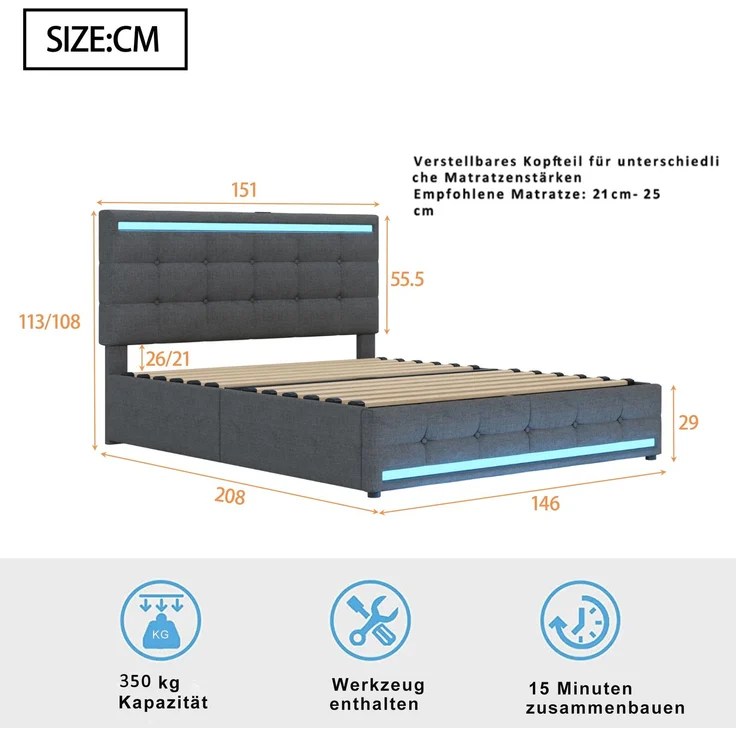 Polsterbett 140x200 cm LED Beleuchtung mit USB & Stauraum, modernes Doppelbett mit Leinenstoff Grau – Bild 9