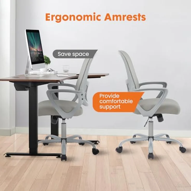 Sweetcrispy Bürostuhl Ergonomisch, Schreibtischstuhl mit Lendenwirbelstütze, Verstellbaren Armlehnen Drehstuhl, Höhenverstellbarer Office Chair, Bürostühle Geeignet für Büro und Schlafzimmer (Grau) – Bild 8