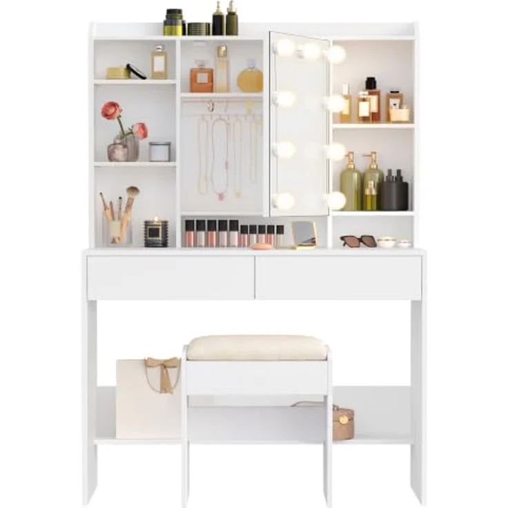 VASAGLE Schminktisch und Hocker Set, mit Spiegel und Beleuchtung | Kosmetiktisch mit 2 Schubladen, LED Licht, Organizer, Weiß, KAILYN Kollektion – Bild 1