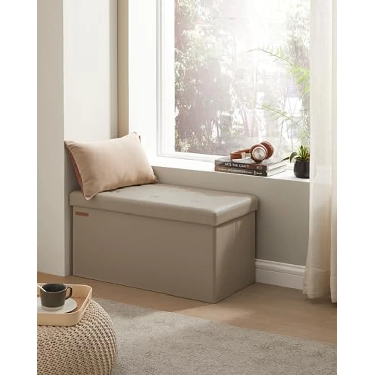 Songmics Sitzhocker Sitztruhe, Sitzbank, Holzwerkstoff, Helltaupe, 76L cm – Bild 3