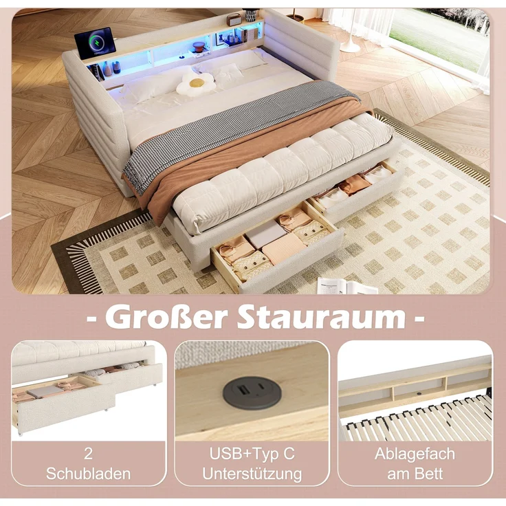 Merax Polsterbett, 90 × 190 cm, Tagesbett, Daybett, Schlafsofa, multifunktionales Ausziehbett-Design, USB- + Typ-C-Anschlüsse, mit 2 Schubladen, LED-Lichtleiste, Samt, beige – Bild 6