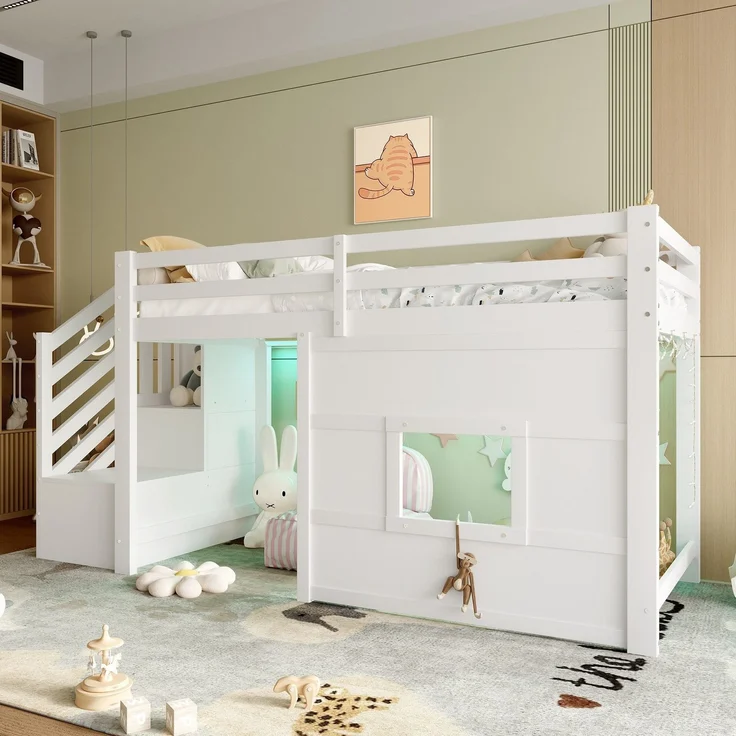 Hochbett mit Lattenrost und LED-Beleuchtung, 90x200 cm, Treppe mit Regal, Kinderbett mit Rausfallschutz, Spielbett, Kiefer – Bild 2