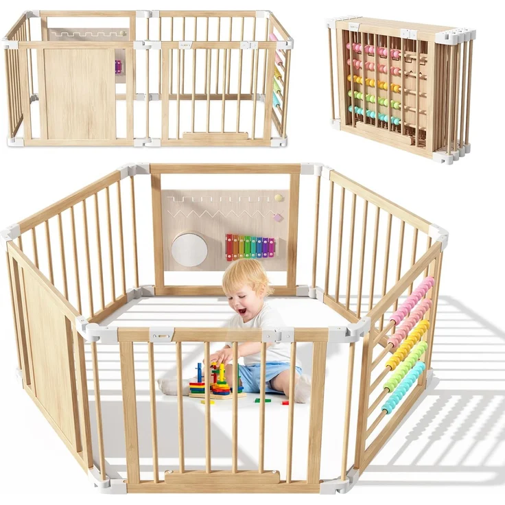 Laufstall Baby Holz mit Spielcenter – 160x80x61cm Verstellbare Größe & Form Laufgitter, Faltbarer Laufstall aus Holz, Spielzaun mit Tor für Babys und Kleinkinder(6 Stück) – Bild 1