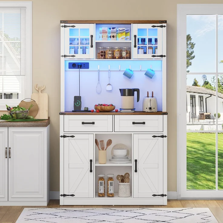 ZUBALIYA Buffetschrank 100x40x172 cm, mit LED-Beleuchtung, mit Steckdosen, mit verstellbaren Einlegeböden, aus MDF, Braun / Weiß – Bild 12