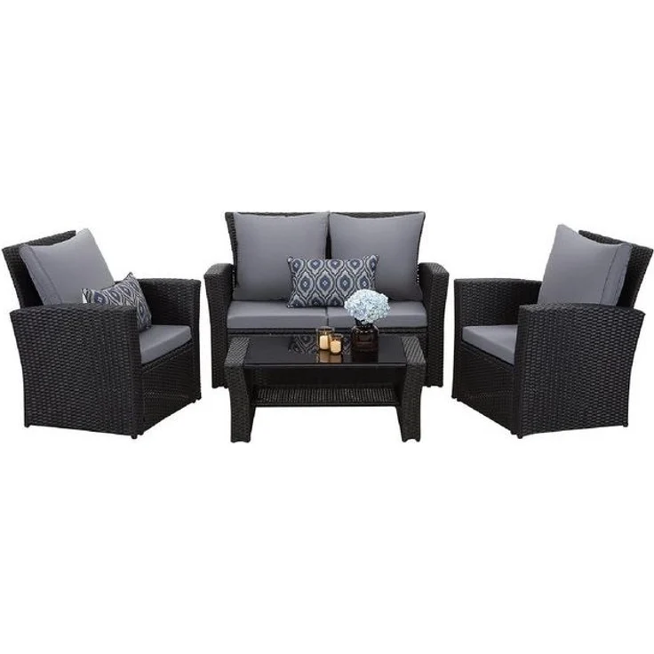 MeXo Gartenlounge-Set Balkonmöbel Set, (Handgefertigtes Poly Rattan Gartenmöbel Set, 4-tlg, 2-Sitzer Sofa, 2 Sessel, Tisch mit Stauraum, 8 Auflagen für 4 Personen), wetterfest Terrassenmöbel Set, Lounge Möbel Outdoor – Bild 4