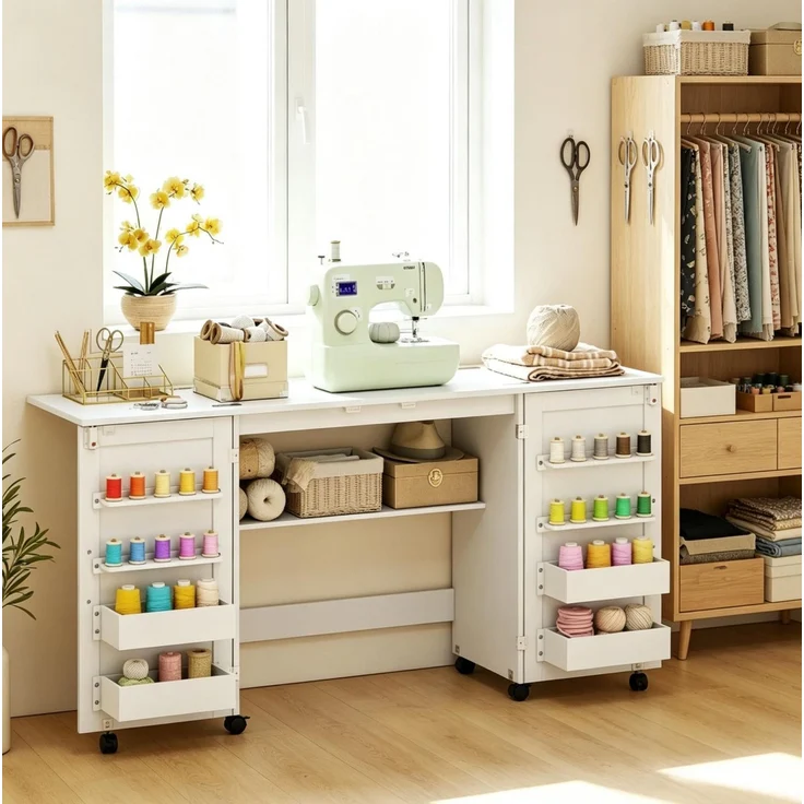 Klappbarer Nähtisch mit Rollen, Stauraum und Ablage, 160x40x81,5 cm, Weiß – Bild 3