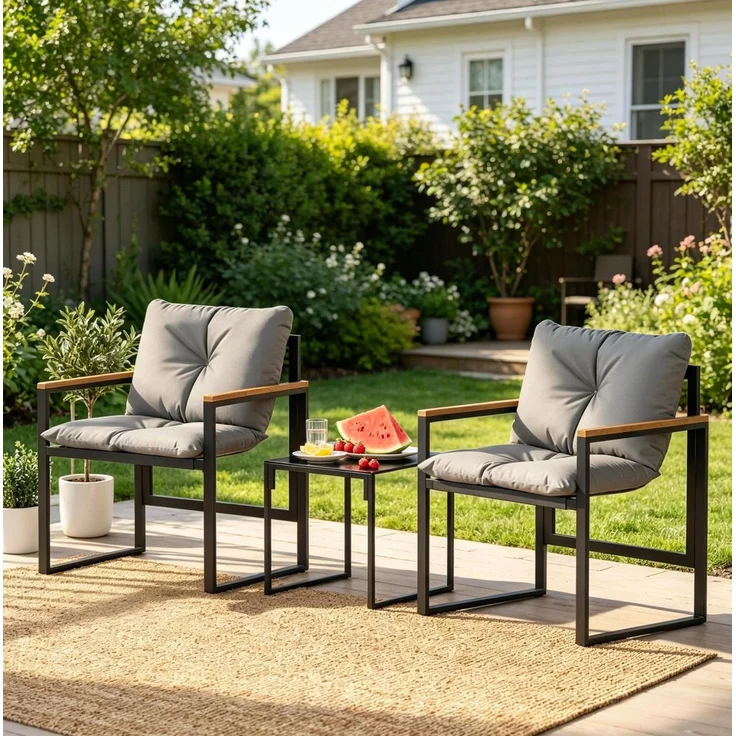 Gartenmöbel-Set mit Textilene-Sitzen und Glastisch, 2 Sessel 64x62x68 cm, Schwarz/Grau – Bild 4