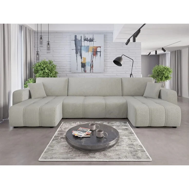Wohnlandschaft mit Schlaffunktion DAGNY Sofa U-Form in Stoff Poso Hellgrau – Bild 1