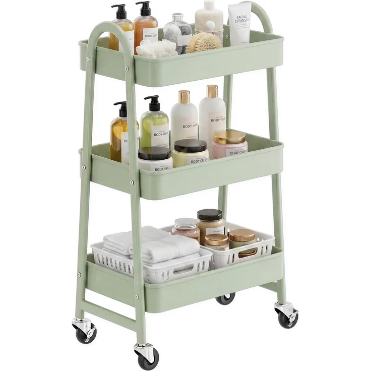 SONGMICS Rollwagen mit 3 Ebenen, Servierwagen aus Stahl | Küchenwagen, Küchenregal, mit Griffen, 2 Bremsen, einfacher Aufbau, Salbeigruen, PATAYE Kollektion BSC068C101