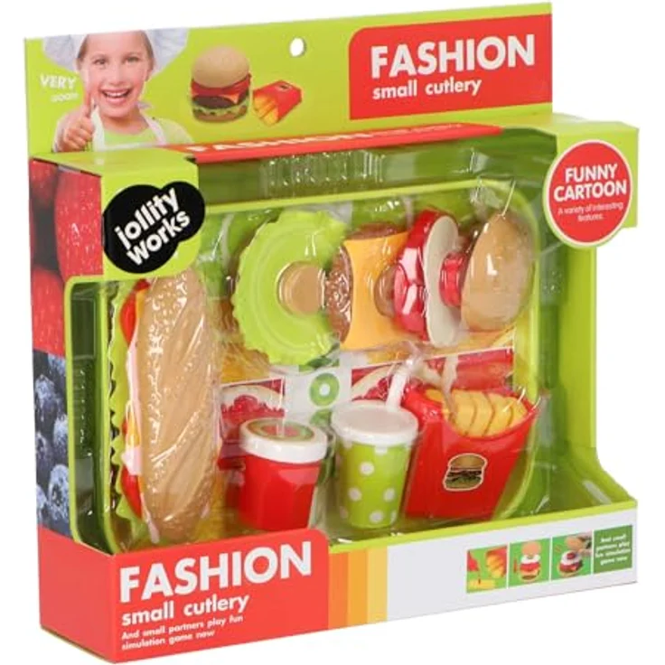 Jollity Fastfood-Set M, Spiellebensmittel mit Hamburger, Sandwich & Pommes, kindersicherer Kunststoff – Bild 1