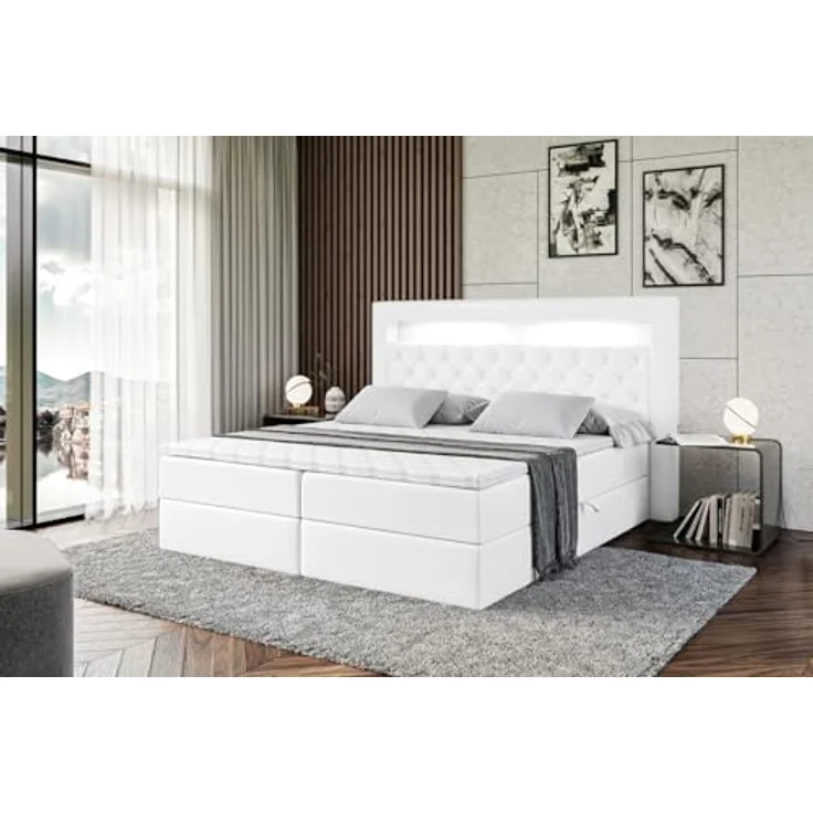 ALTDECOR Boxbett, Weiß Hochglanz, 200x200 cm, mit LED Licht, zwei Bettkästen, 21 cm hoch, Härtegrad H4, inklusive Topper und abnehmbaren Bezug – Bild 5