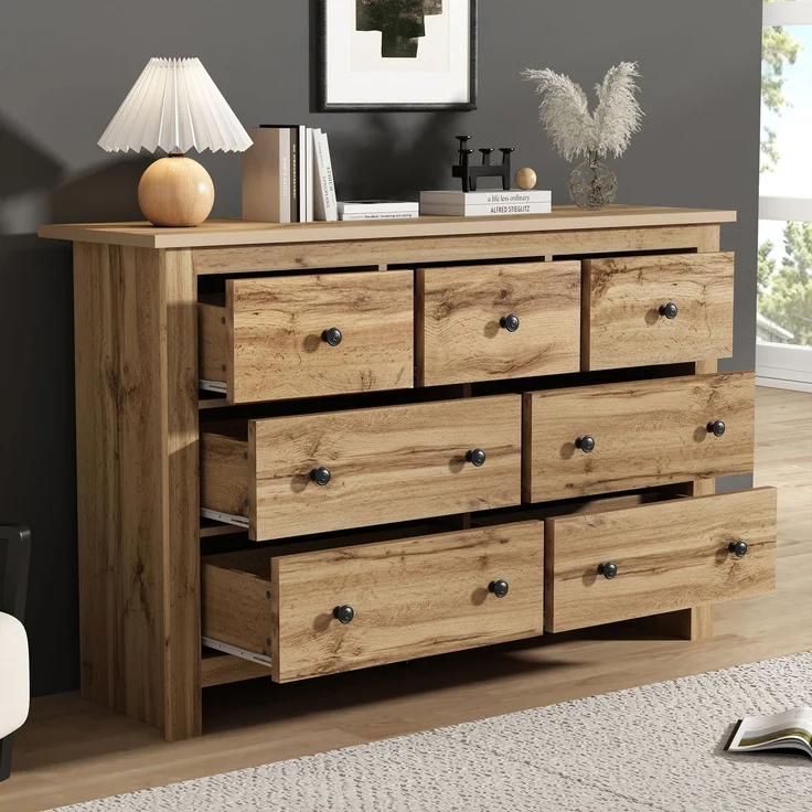 Sideboard Landhausstil Holzfarbe mit 7 geräuschlosen Schubladen, verstellbarer Mittelfuß, Kippsicherung, Stauraum – Bild 4