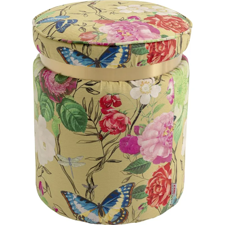 Kare Hocker Flower Fever Gelb, Mehrfarbig, Ø39cm, Sitzhocker, Blumen Motiv, Rund, Pflegeleicht, Flur